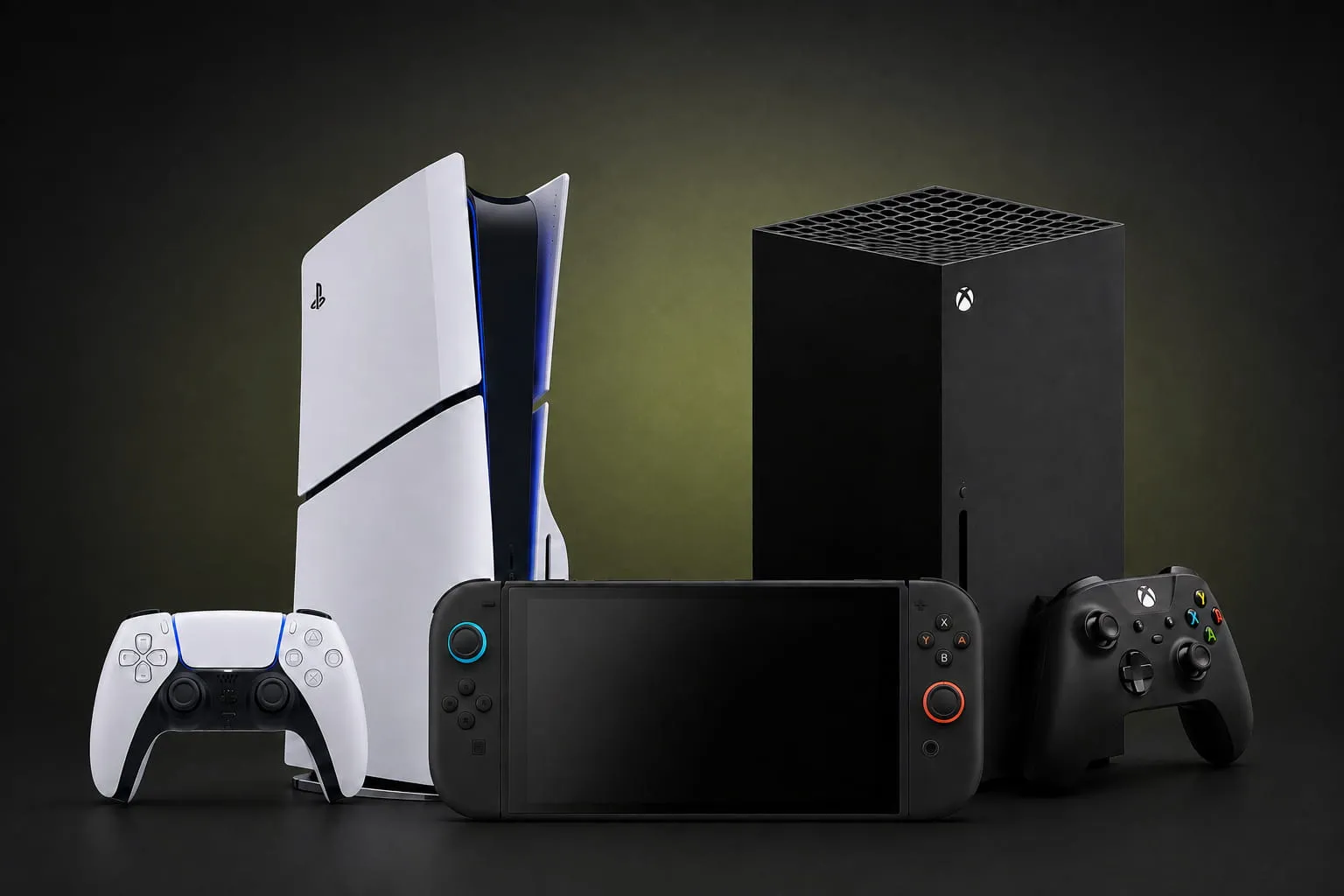 Consolas PlayStation 5, Xbox y Nintendo Switch con sus controles