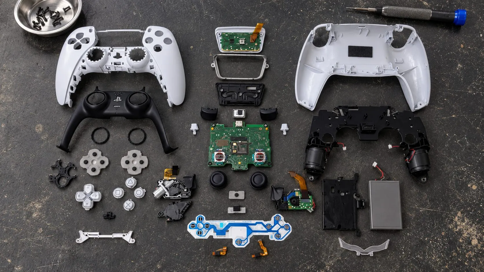 Piezas de un control blanco de PlayStation 5 separadas antes del ensamble; recreación ilustrativa