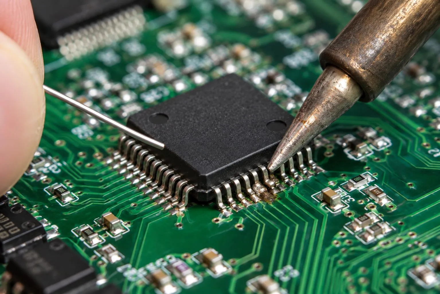 Primer plano de un microchip con pines desalineados y soldadura irregular; recreación ilustrativa